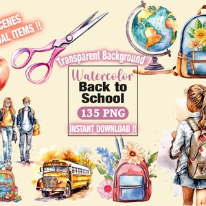 Watercolor School Clipart, Back to School Clipart, School Clipart PNG, School Fussy Cuts, Watercolour Clip Art Digital Junk Journal