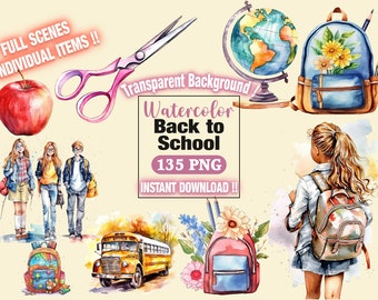 Watercolor School Clipart, Back to School Clipart, School Clipart PNG, School Fussy Cuts, Watercolour Clip Art Digital Junk Journal