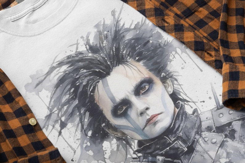 May include: A watercolor illustration of a man with black hair and a white face with blue and gray markings. He is wearing a black leather jacket with a silver collar and a silver belt. The background is white with gray and blue watercolor splatters.