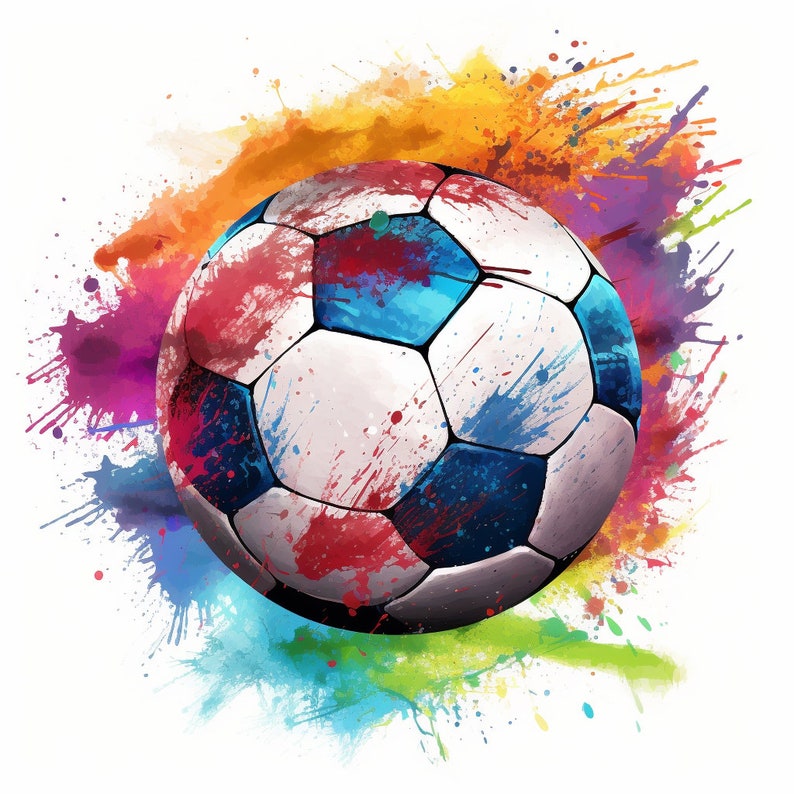 May include: A white and black soccer ball with red, blue, and yellow paint splatters on it. The ball is surrounded by a colorful watercolor background.