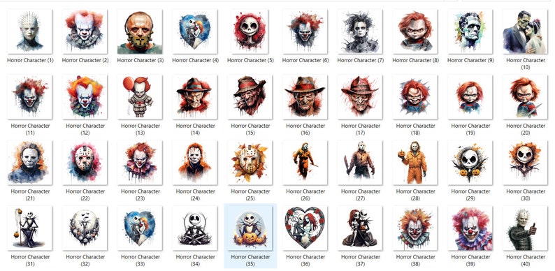 May include: A collection of 40 watercolor illustrations of horror movie characters. The characters include Freddy Krueger, Jason Voorhees, Michael Myers, Pennywise the Dancing Clown, and more. The illustrations are in a variety of colors and styles.