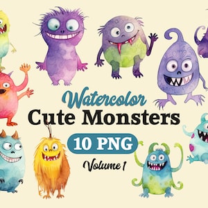Cute Watercolor Rainbow Monsters, Cute Monster Clipart,Cute Clipart, Monster PNG, Baby Monster SVG, Watercolor Monster for Nursery Kid Room