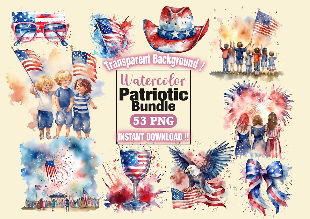 Watercolor 4th of July Clipart Bundle, Patriotic Graphics, 4th of July ...
