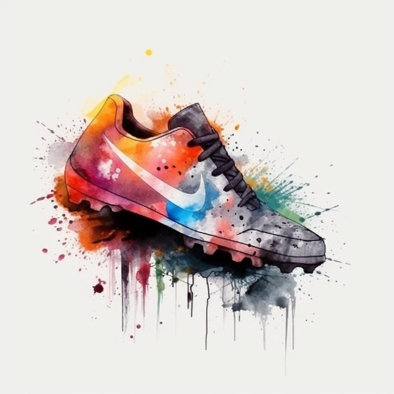 May include: A watercolor painting of a colorful soccer cleat with a white swoosh logo. The cleat is surrounded by splashes of paint in shades of orange, yellow, blue, and green.