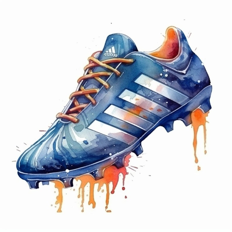 May include: A blue and white soccer cleat with orange laces and a white Adidas logo. The cleat is painted with watercolor and has orange paint splatters around it.