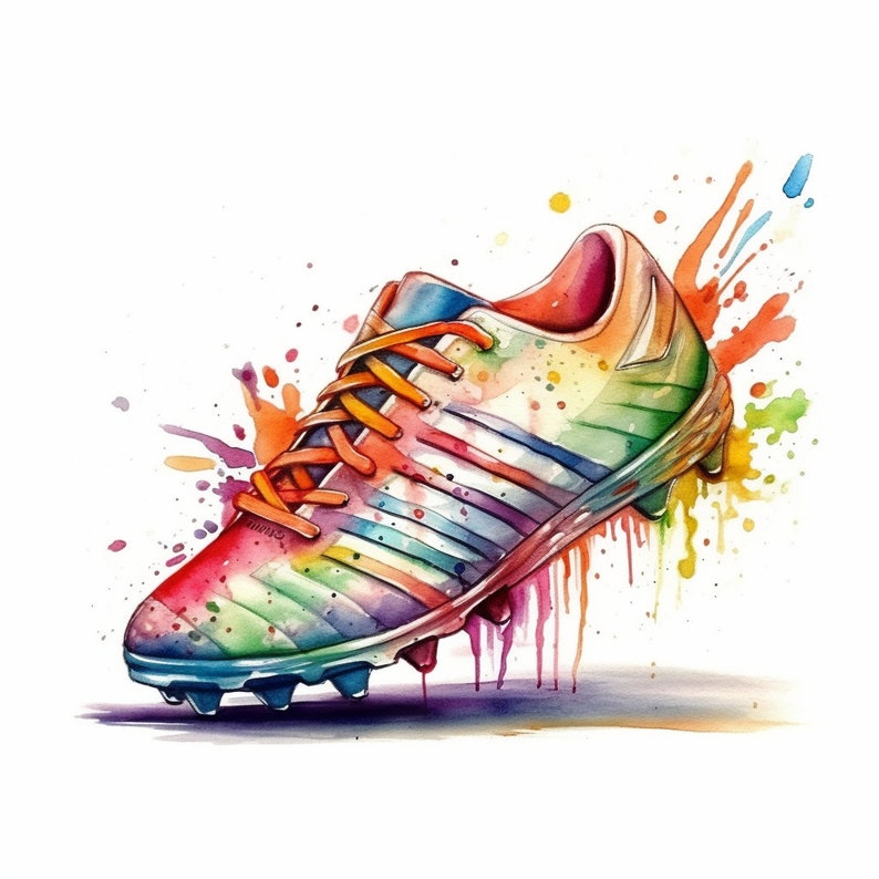 May include: A colorful watercolor painting of a soccer cleat with orange laces. The cleat is painted in shades of blue, green, yellow, orange, red, and purple. The background is white with watercolor splatters in shades of orange, yellow, green, and blue.
