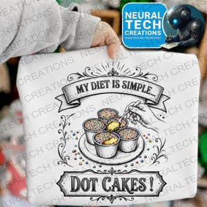 May include: A white sweatshirt featuring a black ink-style illustration of five small cakes on a plate. A hand holds a spoon taking a bite from one cake. The text reads: MY DIET IS SIMPLE... DOT CAKES! The design includes decorative scrollwork borders.