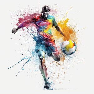 May include: A colorful abstract painting of a soccer player kicking a ball. The player is wearing a blue and yellow jersey with splashes of paint on it. The background is a white canvas with splashes of color.