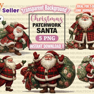 May include: Digital illustrations of Santa Claus in a patchwork design, wearing a red plaid coat and hat, with a white beard and a green sack. The image includes the text "Christmas Patchwork Santa 5 PNG Instant Download!!".