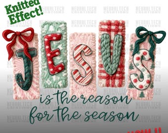 Jesus Is The Reason For The Season PNG Coquette Christian Christmas PNG Preppy Bow Retro Christmas Tree PNG Hand Drawn Knitted Yarn Doodle