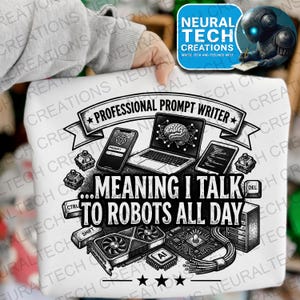 May include: White t-shirt with a black and white graphic design. The design includes the text "PROFESSIONAL PROMPT WRITER... MEANING I TALK TO ROBOTS ALL DAY." The graphic features a laptop, phone, tablet, and computer components.