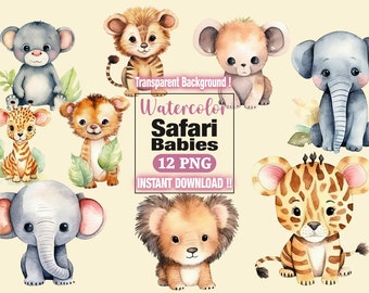 Safari bebê animais aquarela clipart fofo chá de bebê decoração de berçário - aniversário bebê macaco leão girafa zebra elefante PNG download instantâneo