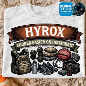 May include: White t-shirt with a graphic featuring the word "HYROX" and the phrase "LOOKED EASIER ON INSTAGRAM!" along with illustrations of workout equipment, including dumbbells, a medicine ball, and a weight vest.