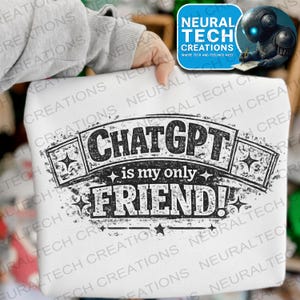 以下が含まれることがあります： 「CHATGPT is my only FRIEND!」と書かれた、使い古された黒いフォントの白いTシャツ。デザインには星とひし形の装飾が含まれています。Tシャツは人が持っています。