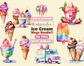 Watercolor Ice Cream Bundle Clipart - Transparent Digital Download, Summer Dessert Illustrations, Scrapbooking, Sublimation Png, Popsicle