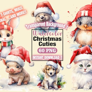 Watercolor Cute Christmas Clipart bundle high Quality Transparent Printable Christmas PNG for Fussy Cut Journal Holyday Cards Winter Animal