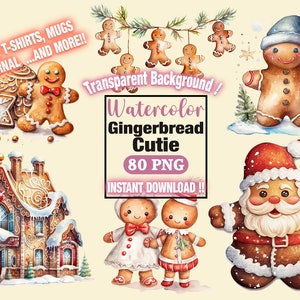 Simpatico pacchetto di clipart di pan di zenzero ad acquerello, vacanze, artigianato invernale, inviti, decorazioni, albero di Natale, biscotto di zucchero, biscotto di Natale png FussyCut