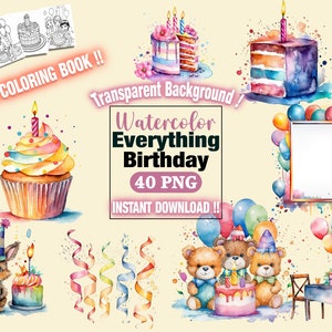 Watercolor Birthday Party Cake Present Balloons Clipart Fussy Cut - Transparent Background Digital Download PNG Graphics - Commercial Use