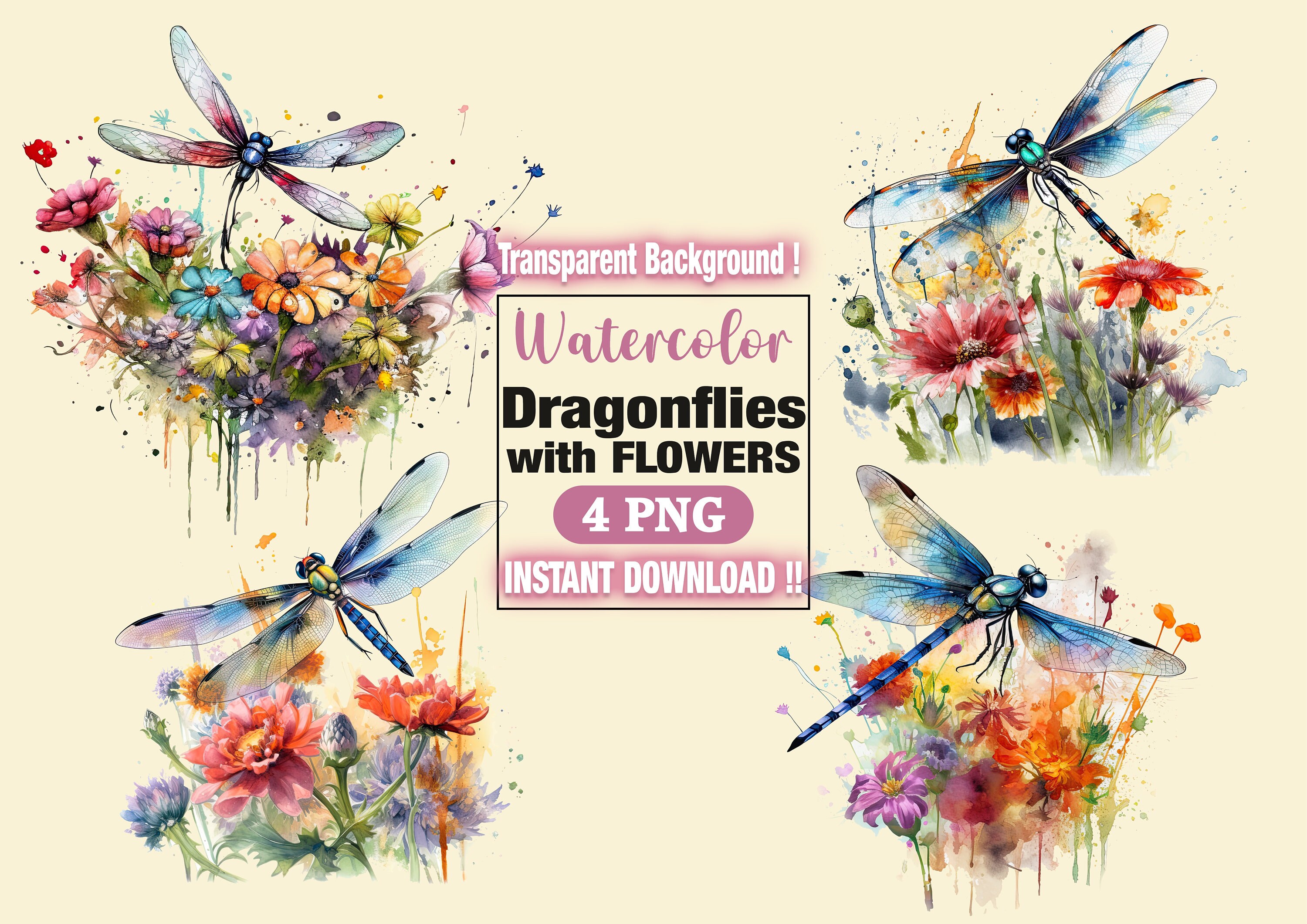 Watercolor Dragonflies Sublimation Design | Floral Dragonflies ...