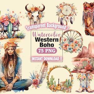 2025 Minimalist Influencer Pack Boho Watercolor Western Clip Art Bundle |  | Cowboy Bundle PNG | Wild West Png | Junk Journal | Sublimation