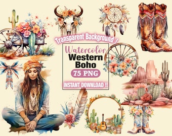 2025 Minimalist Influencer Pack Boho Watercolor Western Clip Art Bundle |  | Cowboy Bundle PNG | Wild West Png | Junk Journal | Sublimation