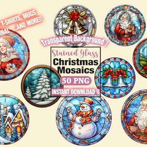 Christmas stained glass digital stickers, festive clipart for Christmas celebration, high resolution files with transparent background,glass