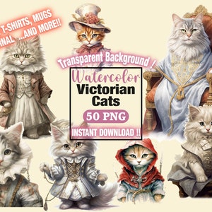 Cat Watercolor Bundle, Victorian Cats, Steampunk Feline Pet Portrait, Cat Fussy Cuts Journal Sublimation, Cat Mom PNG SVG Files, Cute Cat