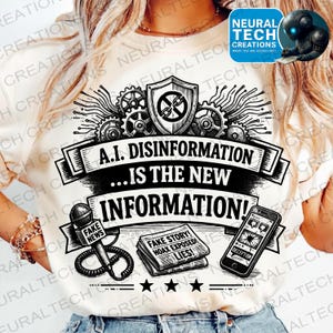 May include: White t-shirt with a black graphic design. The design includes the text "A.I. DISINFORMATION...IS THE NEW INFORMATION!" along with a microphone, newspaper, and smartphone. The shirt also features a shield and gears.