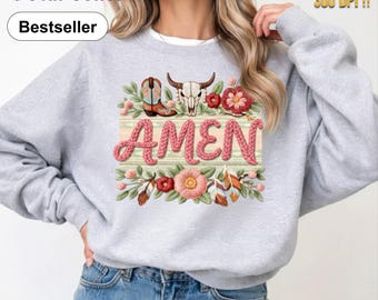 Amen PNG Faux Yarn Embroidery Floral Design Cozy Knitted Letters With Flowers Faith Sublimation Design, Boho Style Religious Cowboy Cowgirl
