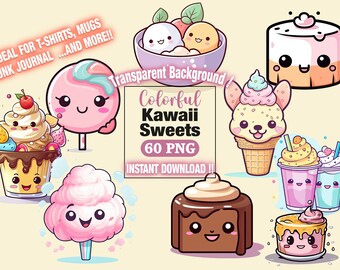 Süßes Essen Clipart | Süße Süßigkeiten Clipart | Niedliche Grafiken - PNG, für Aufkleber - Chibi Illustration - printables, Fussy Cuts