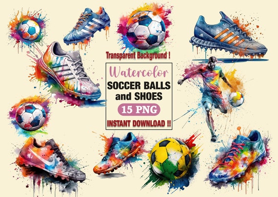 Soccer ball and Soccer shoes Clipart,Soccer posters,Soccer printable art,Sport art print,JPG, Commercial use, Digital Download,Watercolor,15