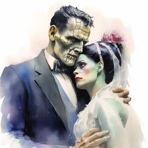 May include: A watercolor painting of a couple in wedding attire. The groom has a stitched-up face and the bride has green skin. They are embracing and looking at each other with love.