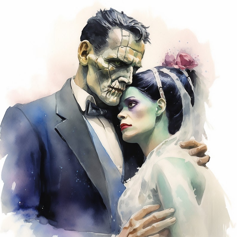May include: A watercolor painting of a couple in wedding attire. The groom has a stitched-up face and the bride has green skin. They are embracing and looking at each other with love.