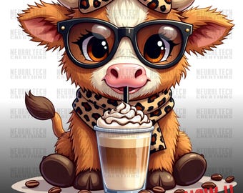Coffee Addict Highland Cow Png sublimation Digital Download,Leopard Print Coquette Bow,Coffee Lover , Moody Highland Cow,Cow Graphics,DTF