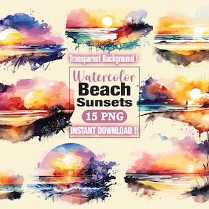 Sunset Png Clipart, Watercolor Beach, Digital Download, Colorful Background, Beach Life Png, Ocean Sunset Png, Retro Sunset Png, Beach Life