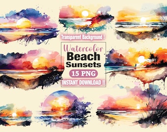 Sunset Png Clipart, Watercolor Beach, Digital Download, Colorful Background, Beach Life Png, Ocean Sunset Png, Retro Sunset Png, Beach Life