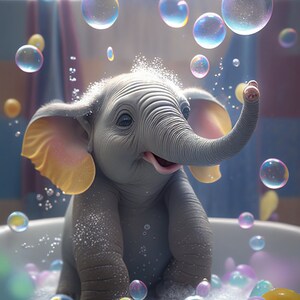 Cute Baby Elephant Taking A Bath, Elephant Printable Wall Art, Nursery Wall Decor, Elephant Painting, Animal Print, Safari Nursery Art