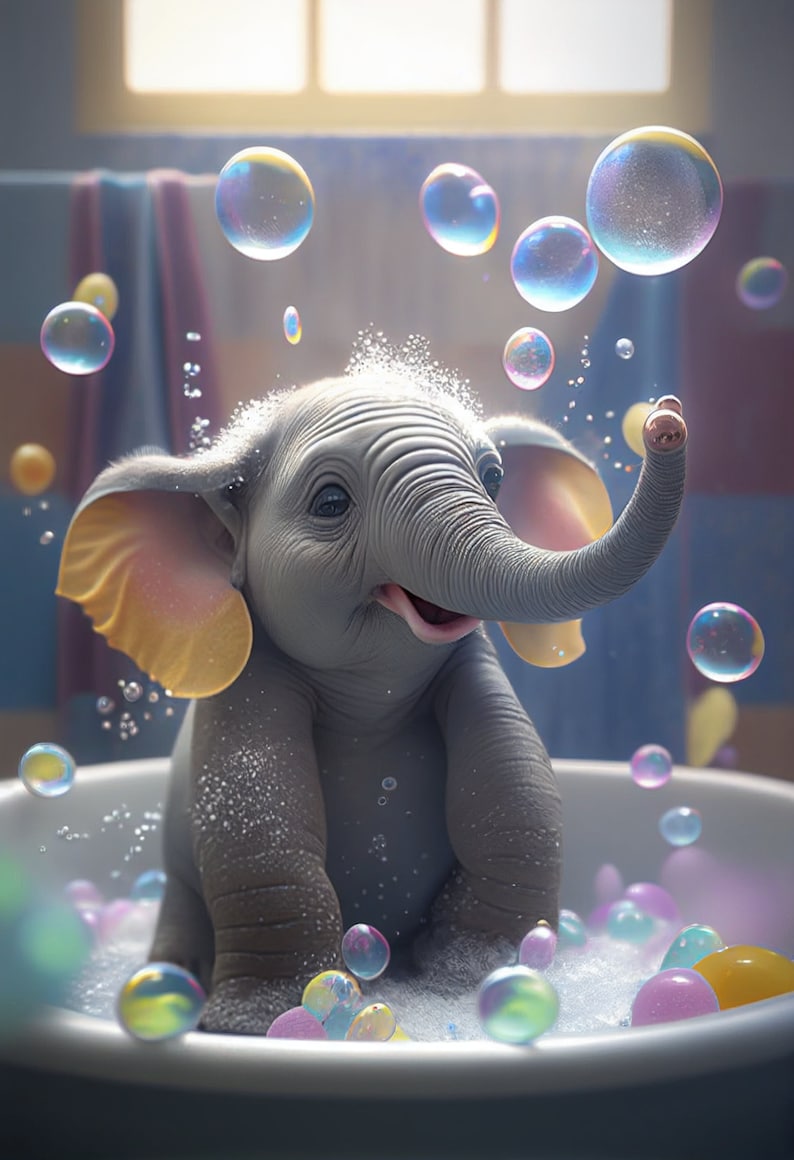Cute Baby Elephant Taking A Bath, Elephant Printable Wall Art, Nursery
