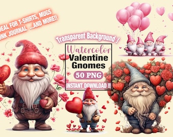 Watercolor Valentines Gnomes Clipart, 55 PNG Festive Gnomes Clipart ...