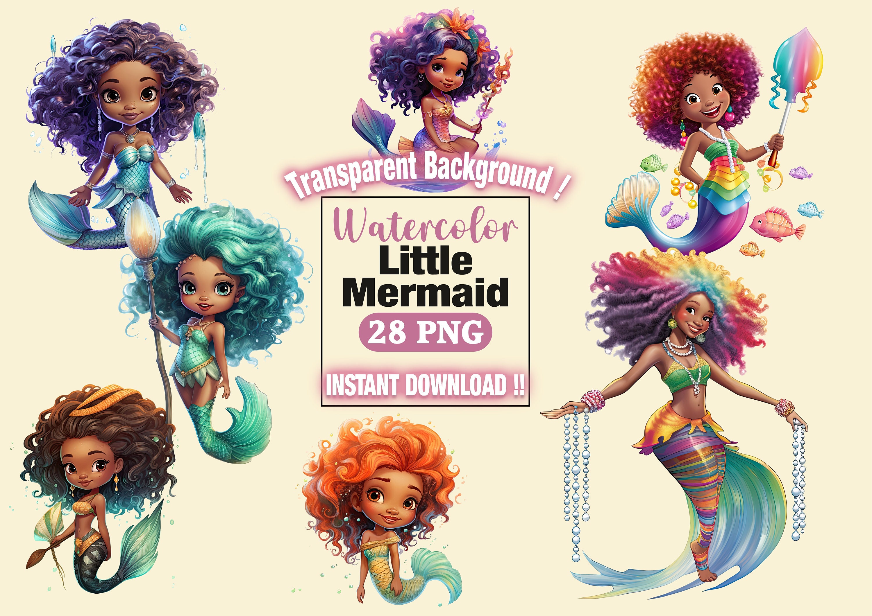 Little Mermaid, Black Little Mermaid Png, Watercolor, Black Girl Magic ...