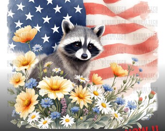 American Flag Floral PNG, Patriotic Wildflower USA Sublimation Design, Boho 4th Of July Shirt Graphic, Poppy And Daisy Flag PNG Feral Racoon
