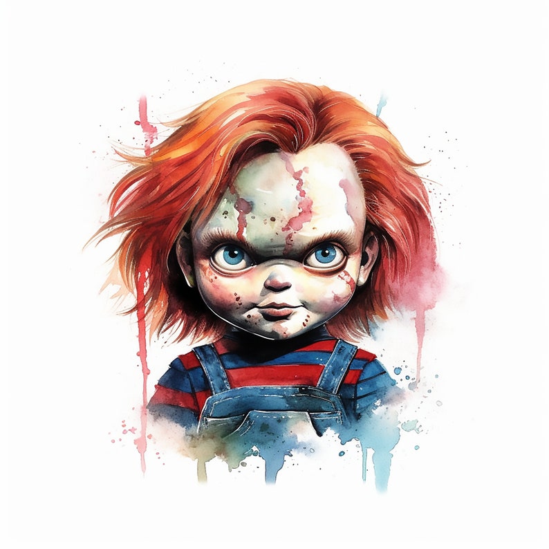 May include: Watercolor painting of a fictional character with red hair, a red and blue striped shirt, and blue overalls. The character has a menacing expression and blood splatters on their face.