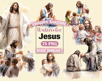 May include: A digital download of 75 watercolor illustrations of Jesus in various poses, including praying, teaching children, and healing the sick. The images have transparent backgrounds and are perfect for creating religious artwork, greeting cards, or other crafts.