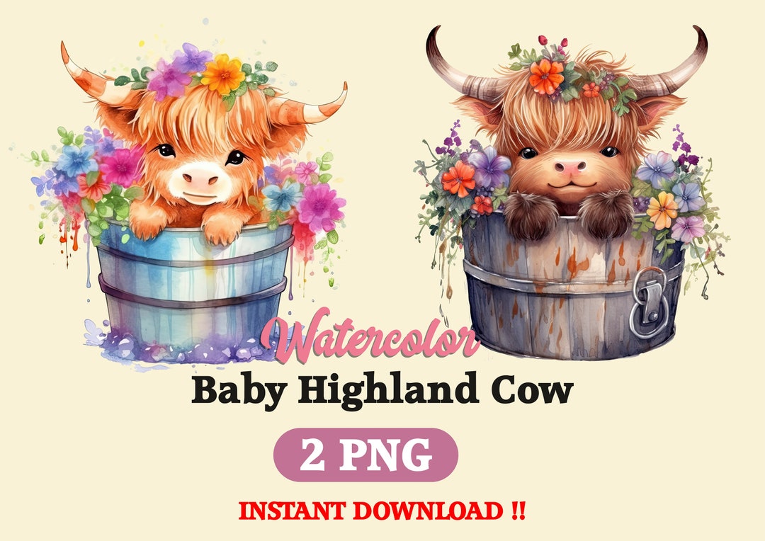 Baby Highland Cow Clipart Bundle ,sublimation, Watercolor Cottagecore ...