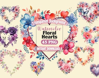 Watercolor Floral Heart Clipart PNG Sublimation, Fussy Cuts Png, Love Png, Floral Heart Png, Hearts Png, Wedding Shower Png, Printable