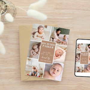 Editable Baby Announcement Card | Simple Modern Birth Announcement | Baby Boy Editable Baby Birth Announcement Template, Instant Download