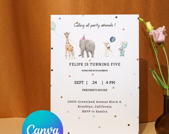 Safari Wild Animals Birthday, Editable Party Animals Birthday Invitation,  Zoo, Boy, Girl, DIGITAL Printable Invite 5” x 7” - Edit today