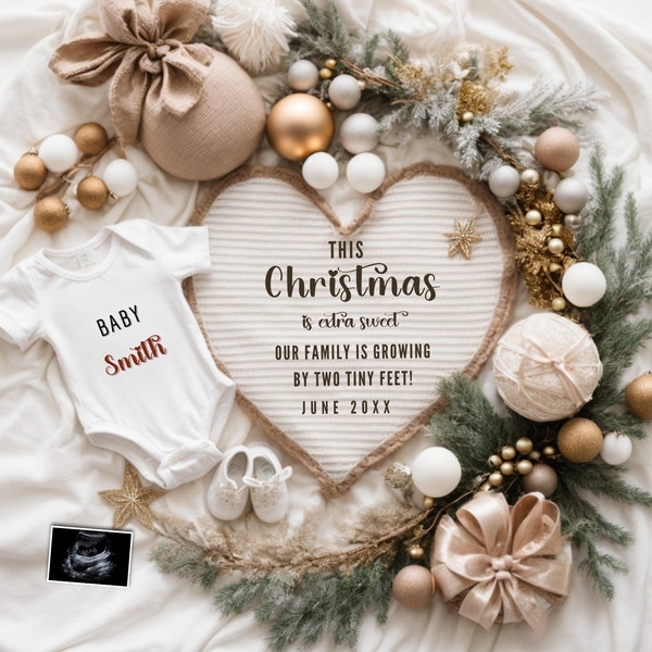 Neutral Christmas Digital Pregnancy Announcement |  Baby Announcement | Christmas Social Media | Editable Template | Two Tiny Feet. Sonogram