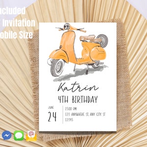 Vespa Birthday Invitation Template, Instant Download, Balloons 3rd Birthday Invite, Editable, Moped