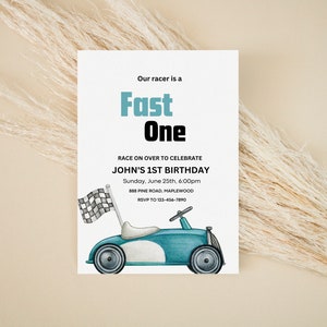 Race Car 1st Birthday Invitation: Vintage Racing, Editable Template (Digital Download)